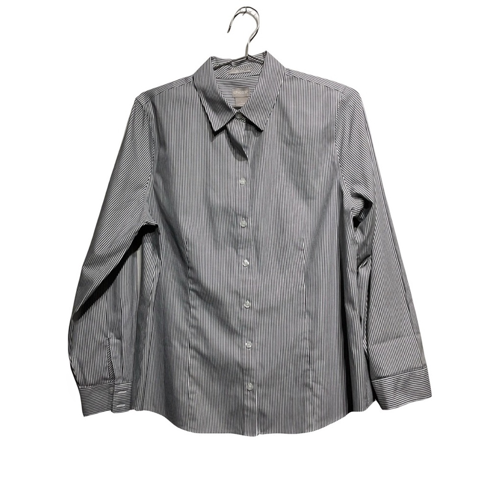 Chico’s Size1 /8 Classic Black and White Striped Woman’s Shirt-No Iron